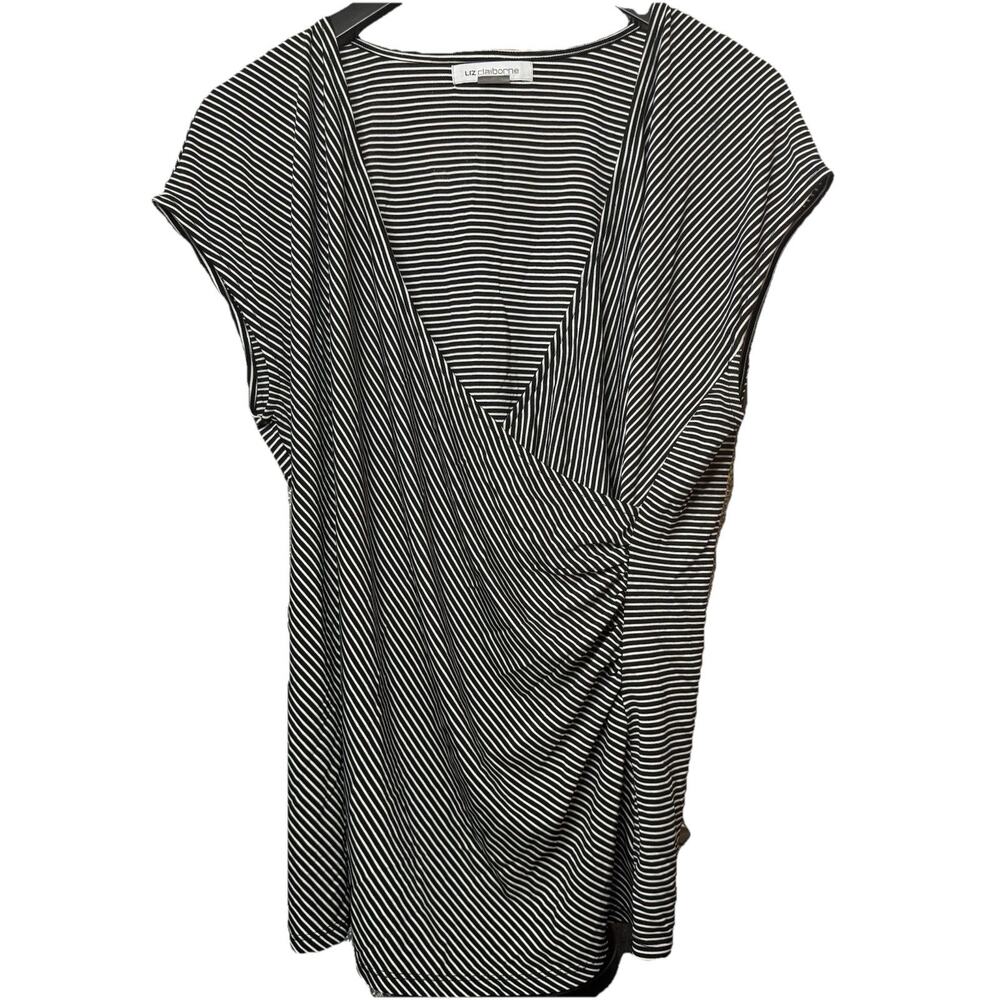 LIZ CLAIBORNE XL STRIPED RUCHED DEEP V SLEEVELESS CROSSOVER WHITE BLACK BLOUSE